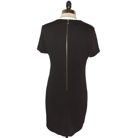 CALVIN KLEIN Size 12 Shift Dress Black Short Sleeve Gold Zipper Pockets Stretch - Picture 2 of 4